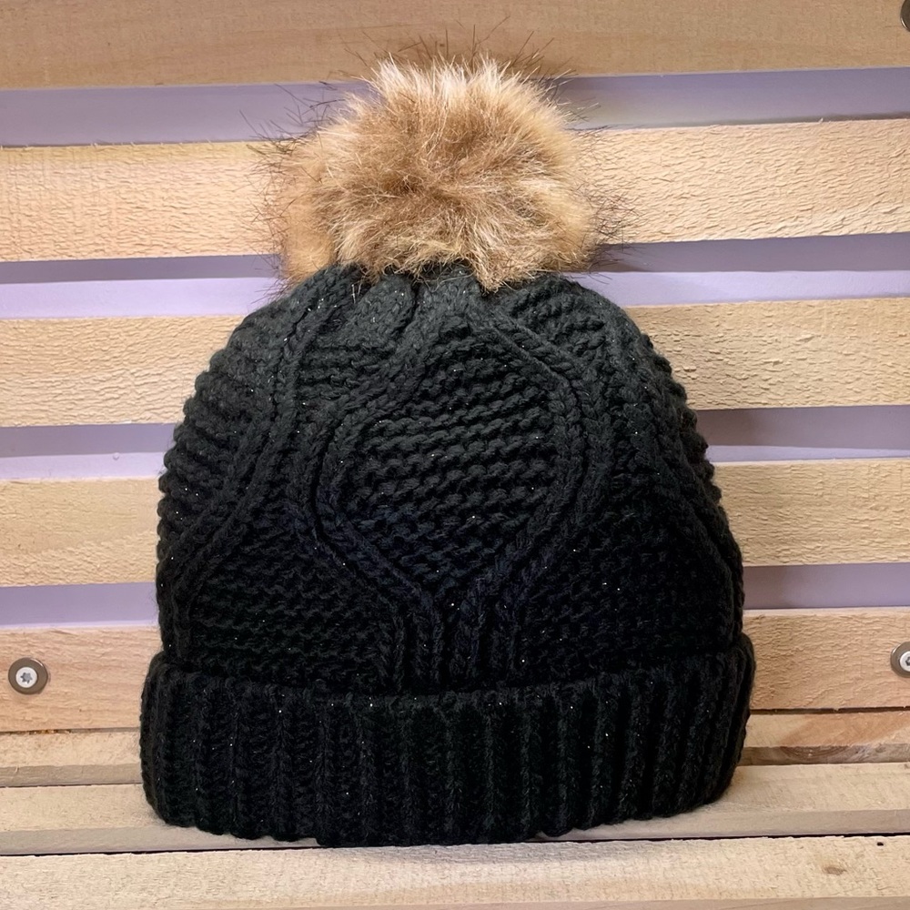 Black knit puffball hat